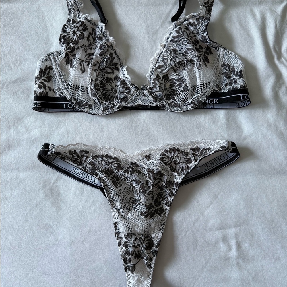 Lounge Black and White Floral Lace Bra Set